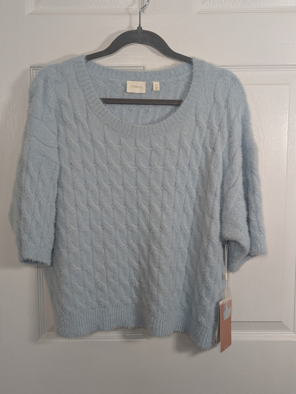Cyrus Niagara Mist Blue Fuzzy Cable Knit Sweater Size M MSRP $79 NWT